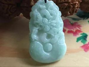 10% OFF- Certified Natural Ice Jadeite Emerald A*Jade HandCarved Lucky Dragon Pendant X1666
