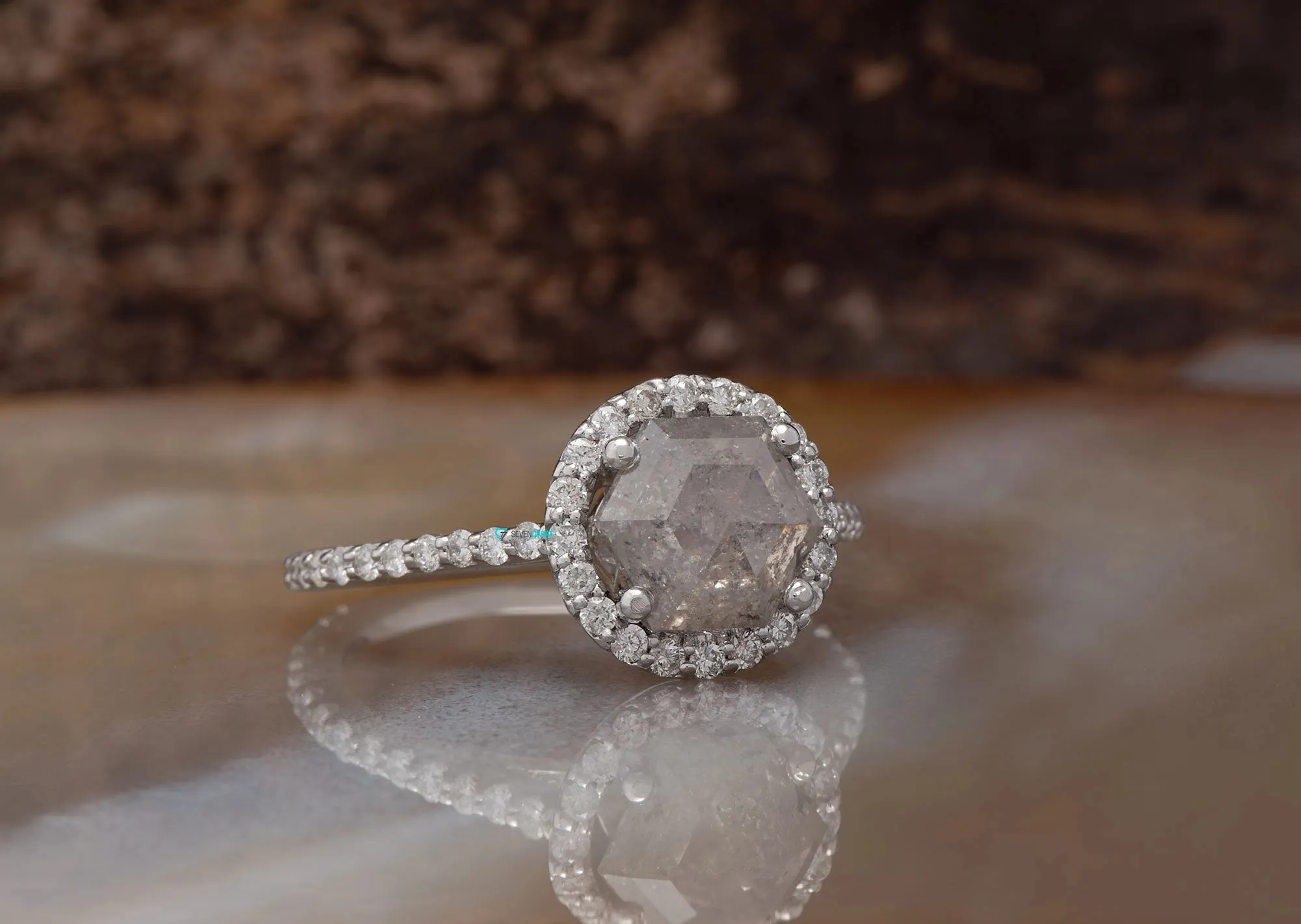1.8 carat Salt and Pepper Hexagon diamond engagement ring White Gold/ Platinum