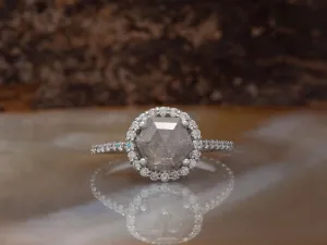 1.8 carat Salt and Pepper Hexagon diamond engagement ring White Gold/ Platinum