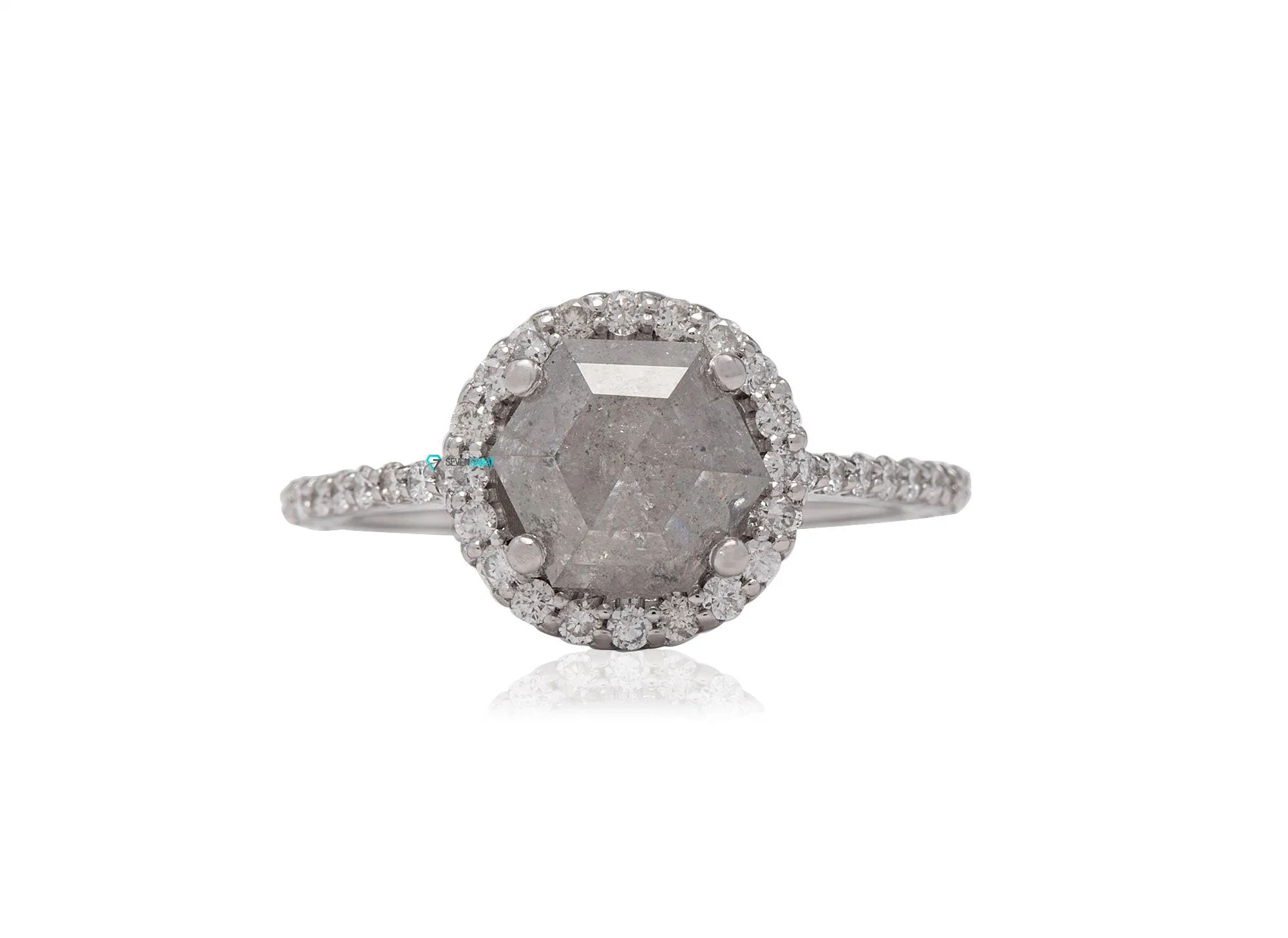 1.8 carat Salt and Pepper Hexagon diamond engagement ring White Gold/ Platinum