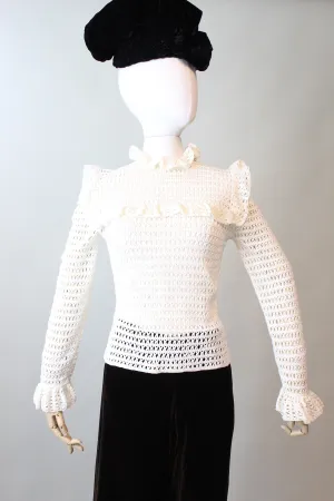 1970s COTTON CROCHET exaggerated shoulders blouse xs | new spring summer
