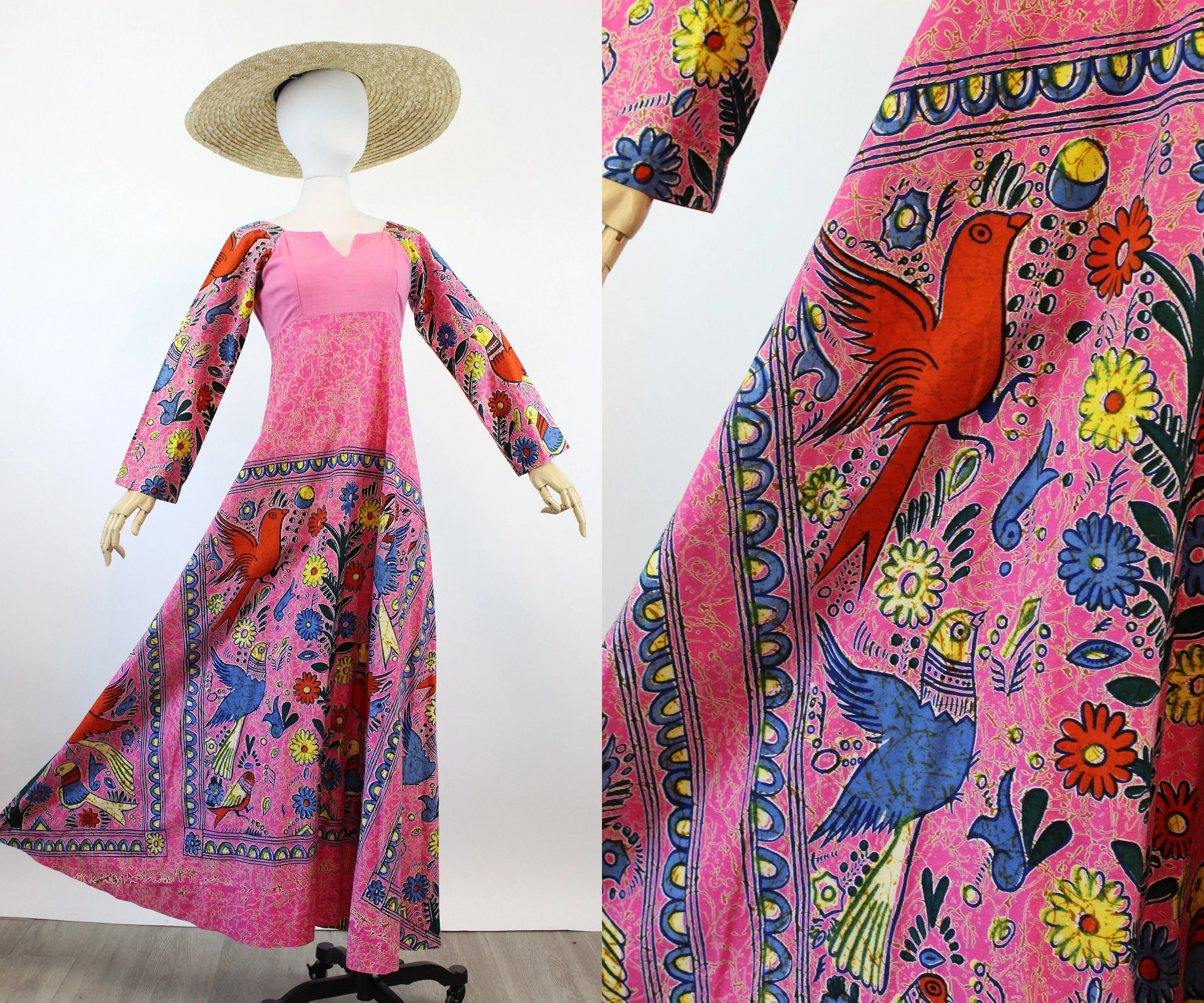 1970s MAMA CARLOTA mexico BIRD print dress xs | new spring
