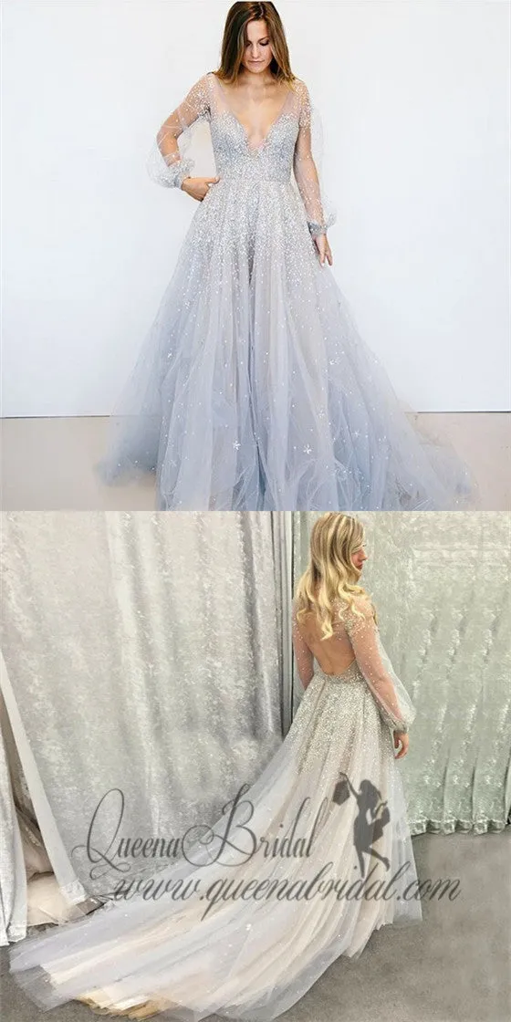 A-Line Deep V-Neck Puff Long Sleeves Grey Tulle Prom Dresses with Beading, QB0236
