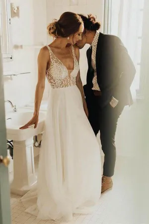 A-line V-neck Tulle Sweep Train Wedding Dresses, Bridal Dress with Pearls, SW409