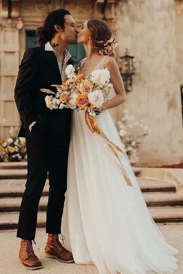 A-line V-neck Tulle Sweep Train Wedding Dresses, Bridal Dress with Pearls, SW409