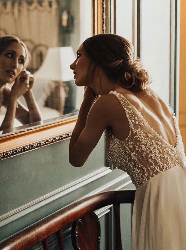 A-line V-neck Tulle Sweep Train Wedding Dresses, Bridal Dress with Pearls, SW409