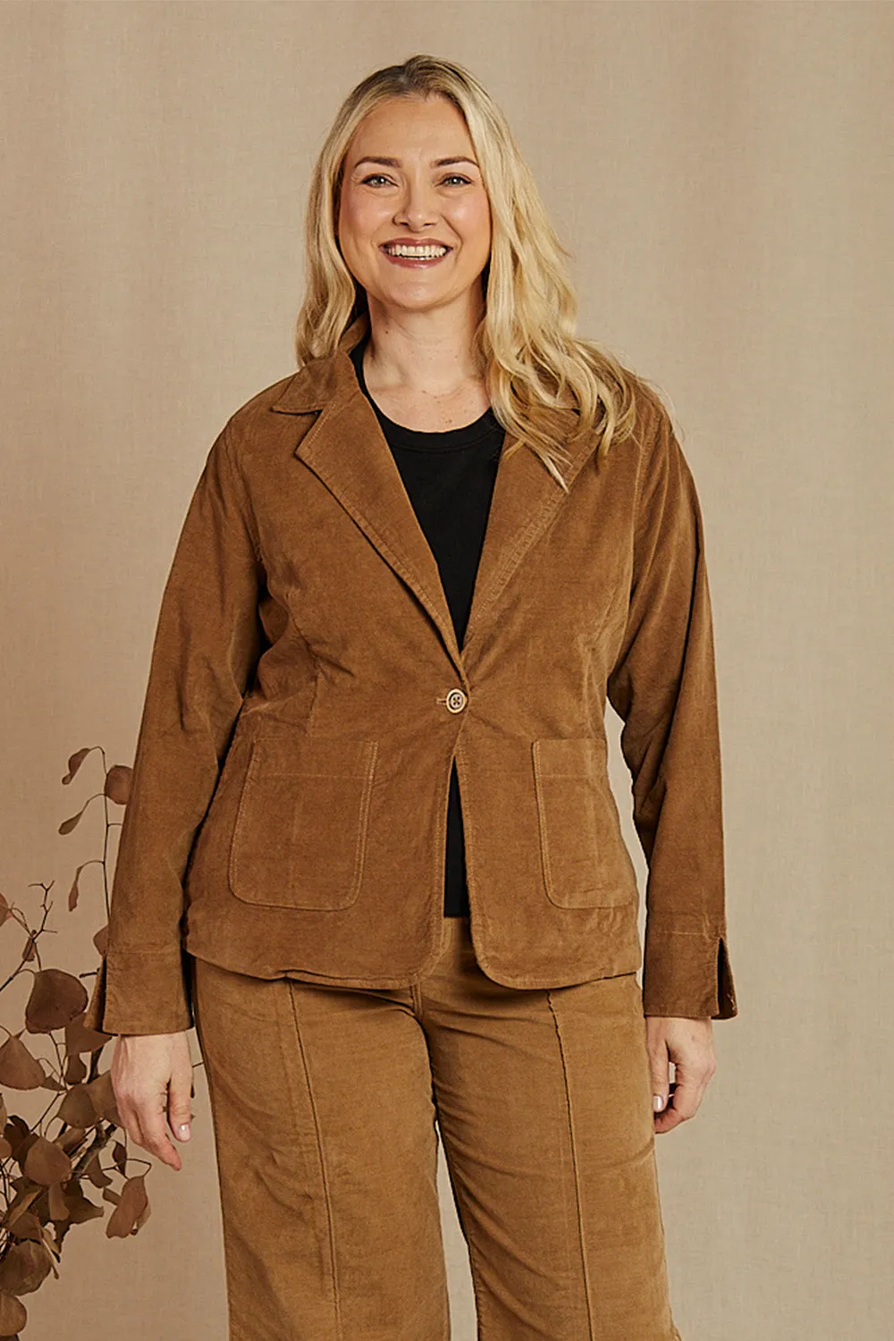 Adrift Relaxed Brushed Cotton Blazer in Camel