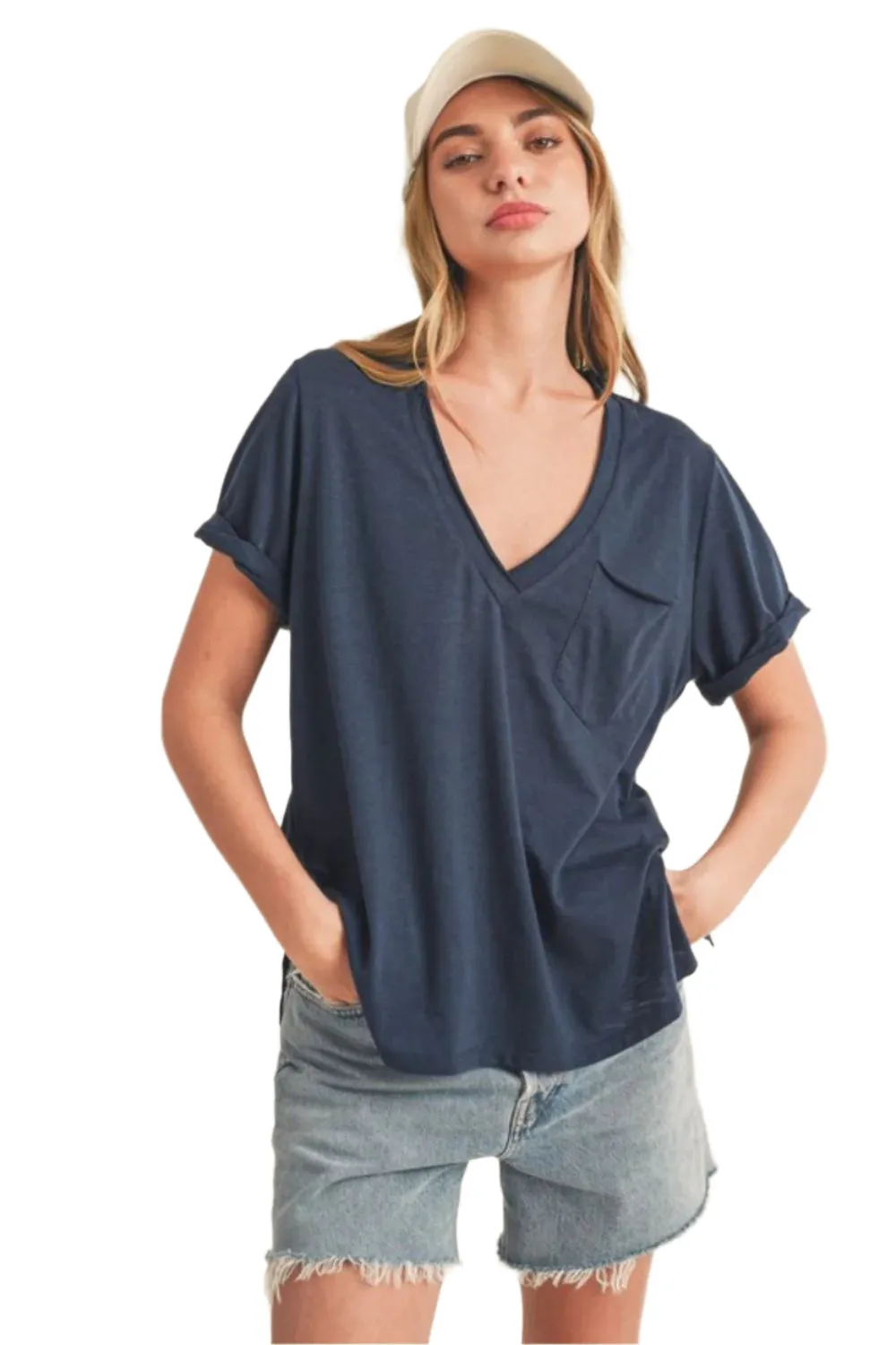 Aemi   Co Side Slit V-Neck Short Rolled Sleeve T-Shirt