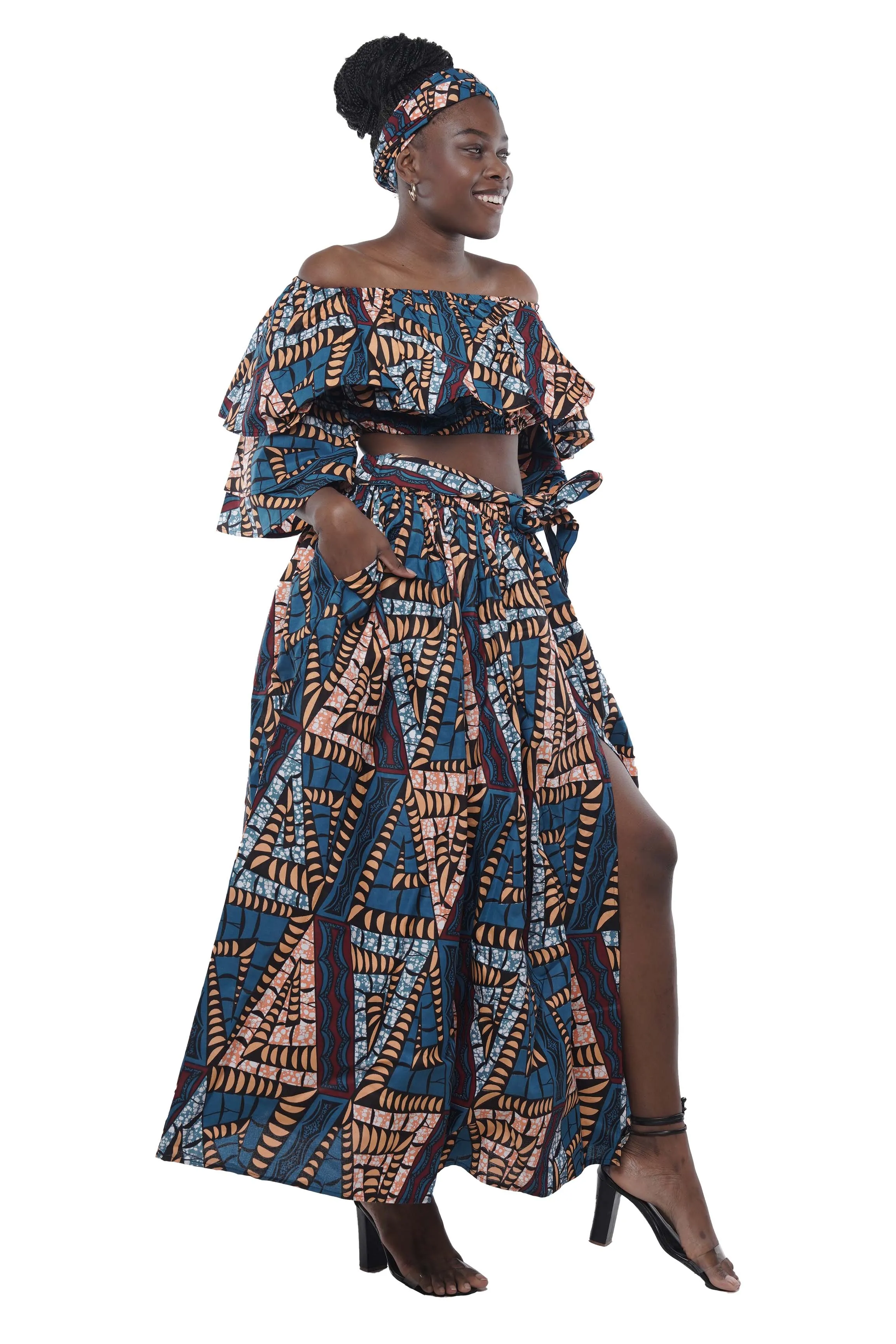 African Crop Top and Slit Skirt Set