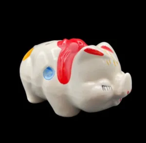 American Bisque Pottery Polka Dot Pig Piggy Bank On Four Legs With Red Bow