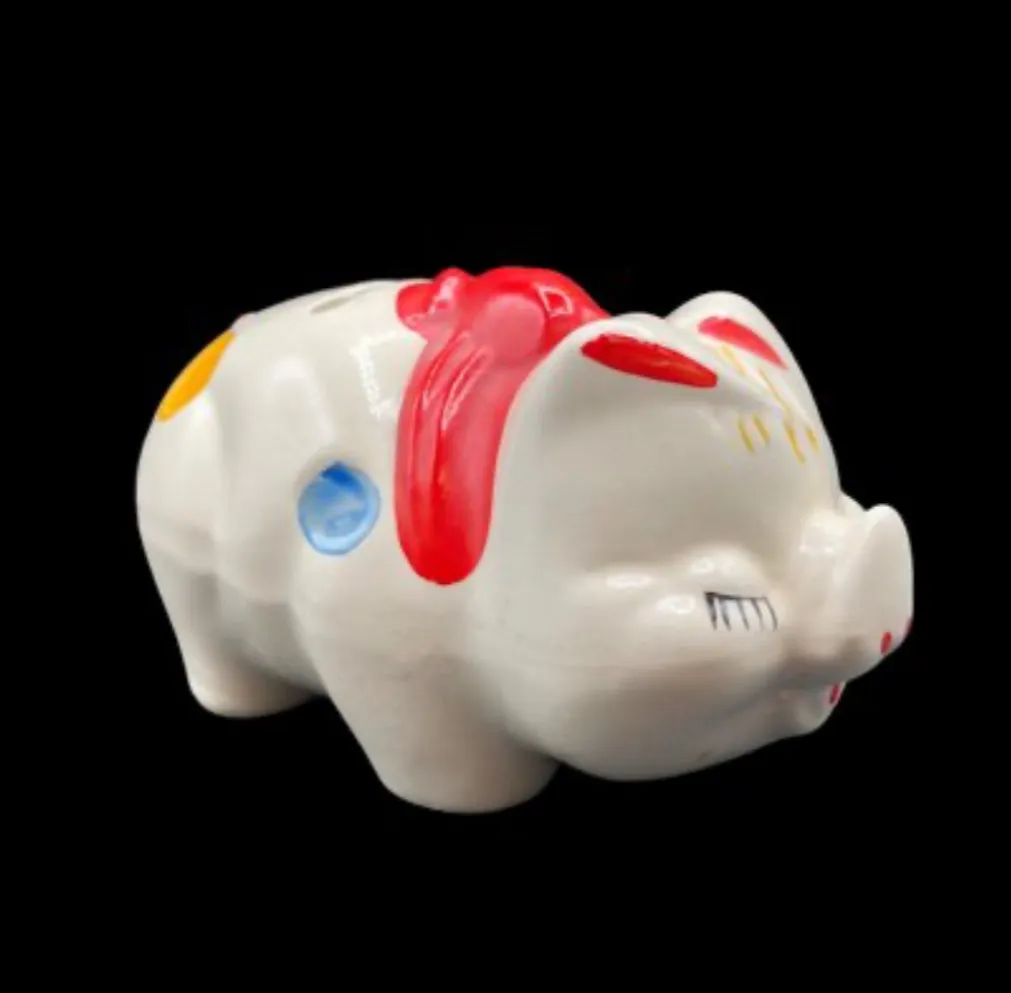 American Bisque Pottery Polka Dot Pig Piggy Bank On Four Legs With Red Bow