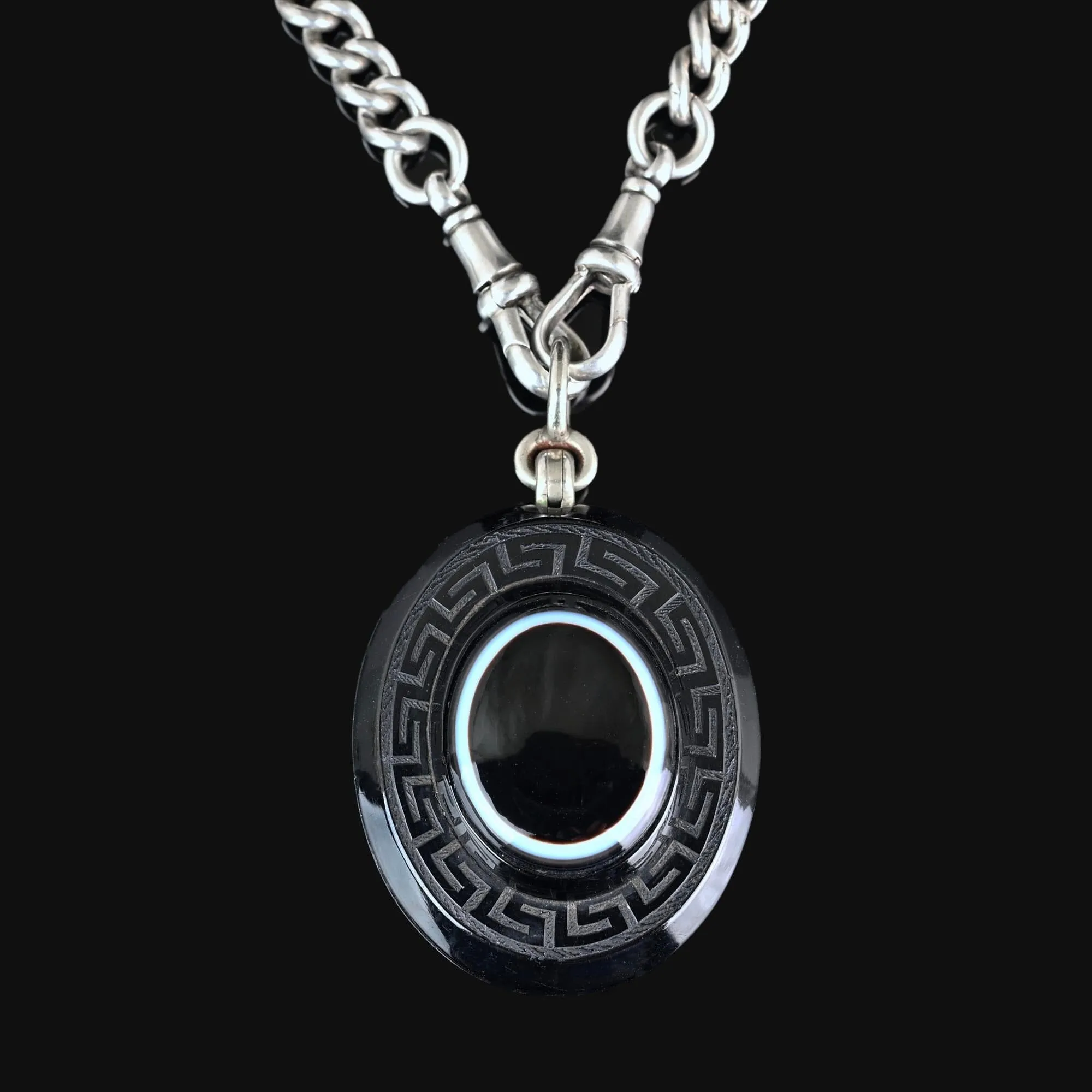 Antique Bulls Eye Banded Agate Whitby Jet Locket