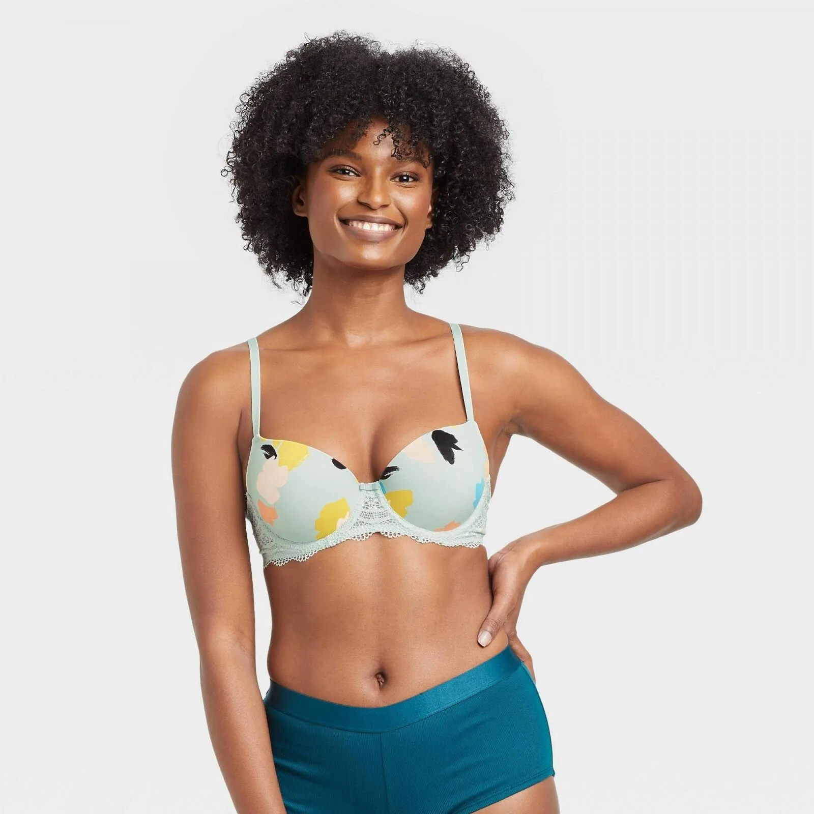 Auden Women's Floral Print Daydream Light Lift Lace Demi T-Shirt Bra Green 38C