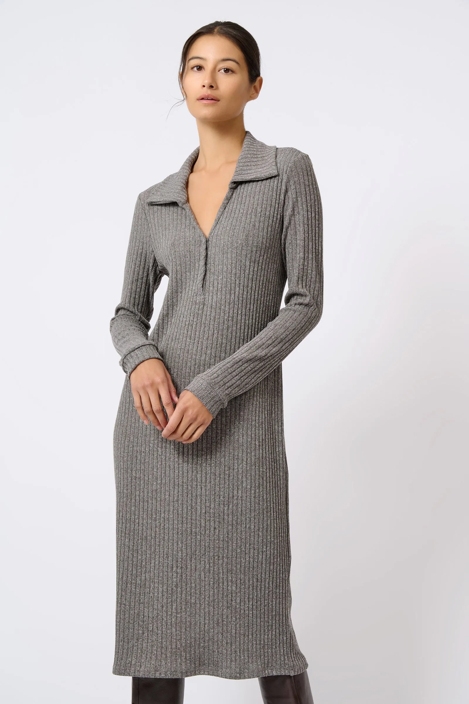 Audrey Collared Rib Dress - Charcoal