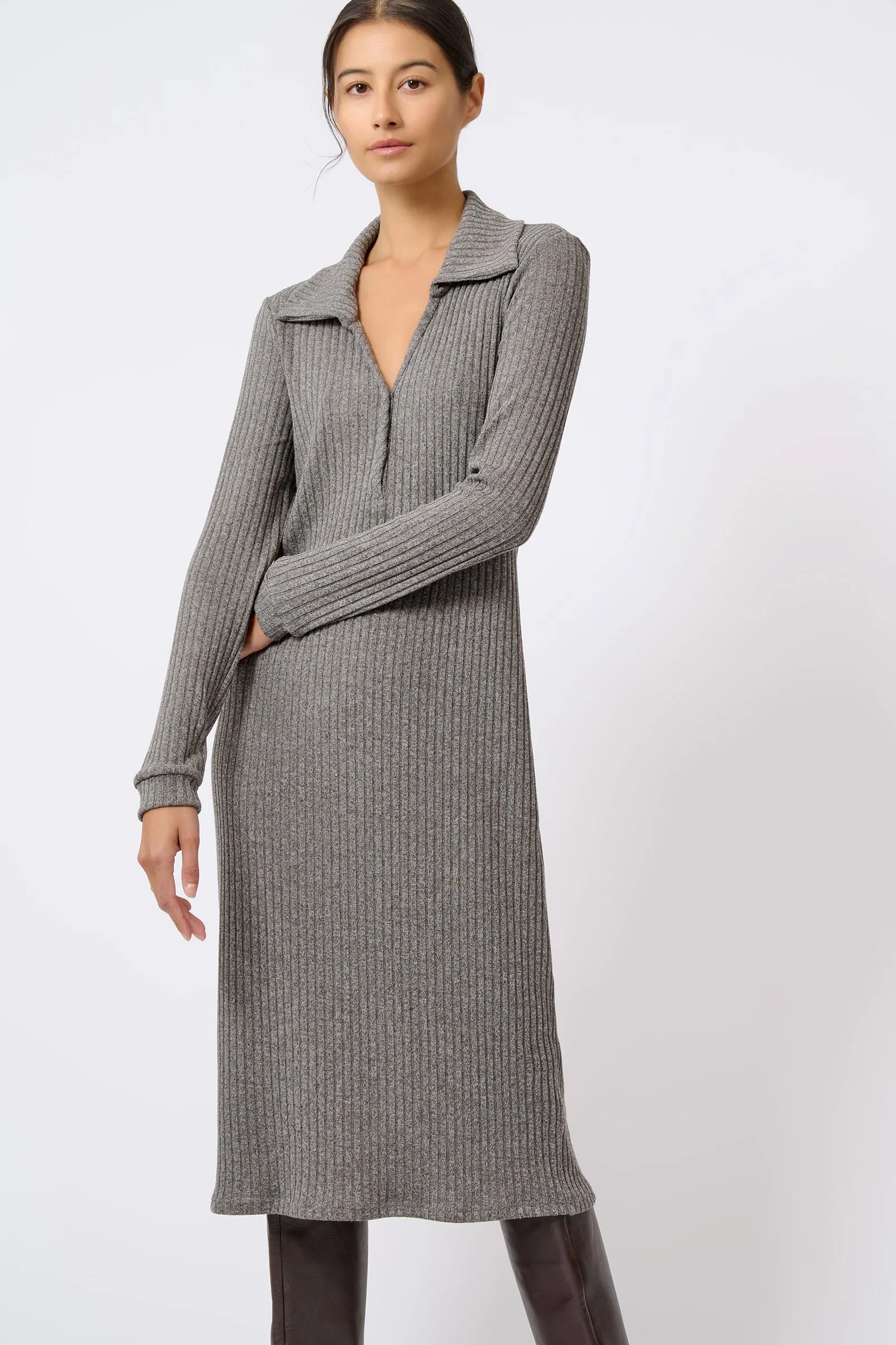 Audrey Collared Rib Dress - Charcoal