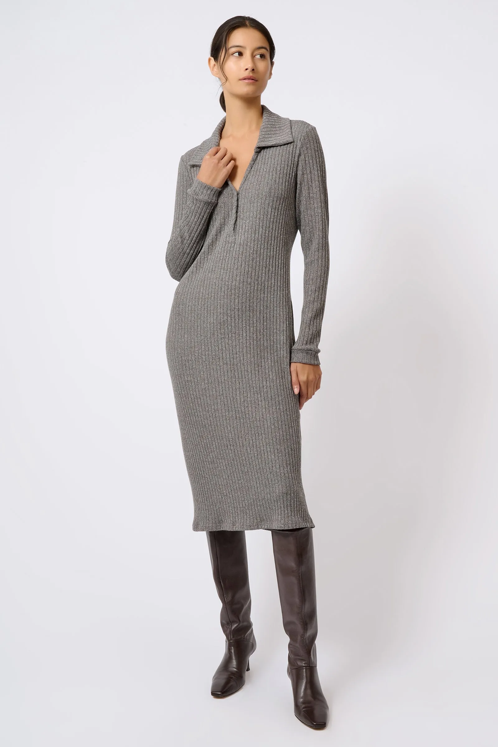 Audrey Collared Rib Dress - Charcoal