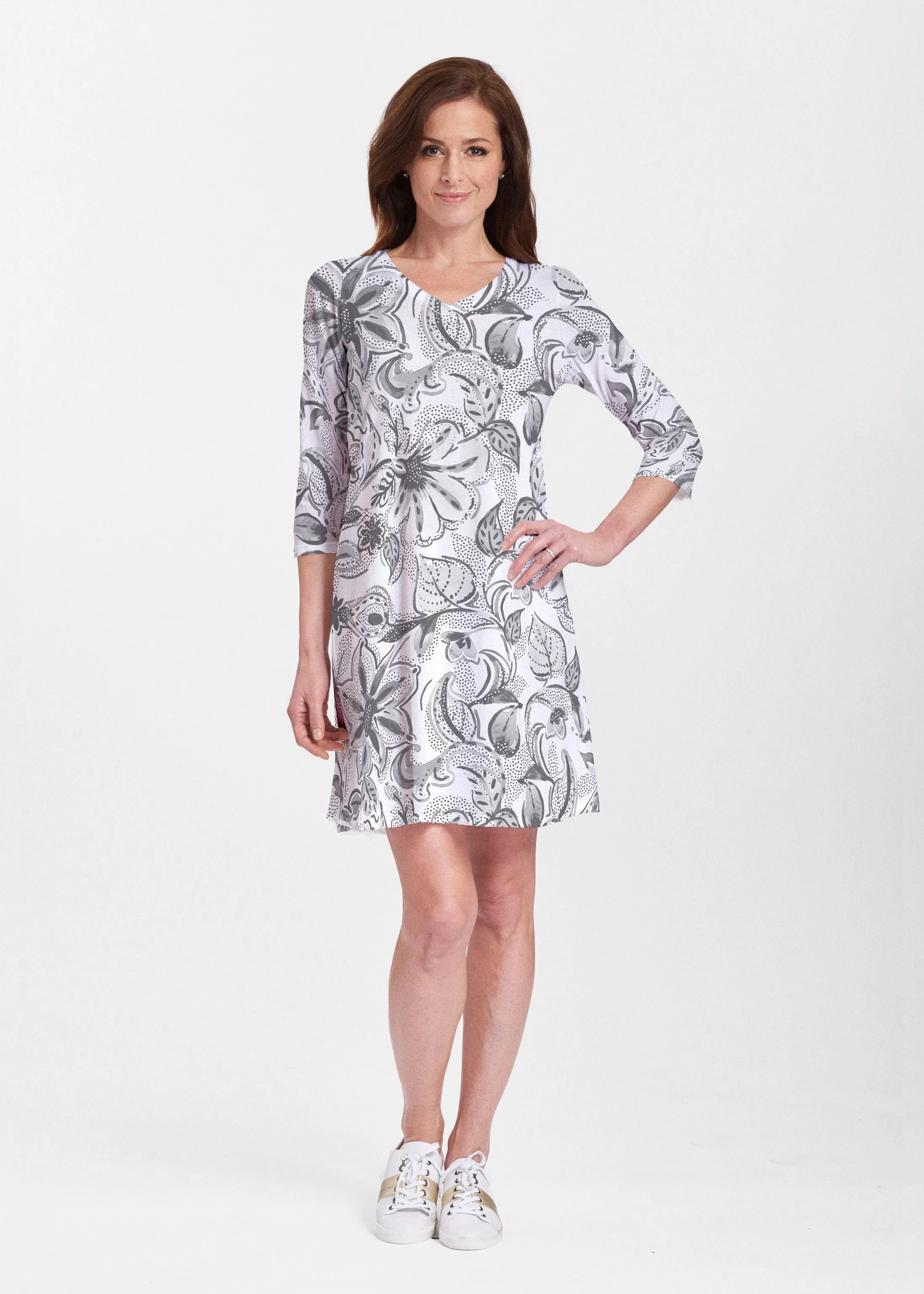 Baltic Watercolor Black (7697) ~ Classic V-neck Swing Dress