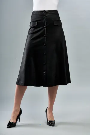 BCS8981B Faux Vegan Button Down Leather Skirt in Black