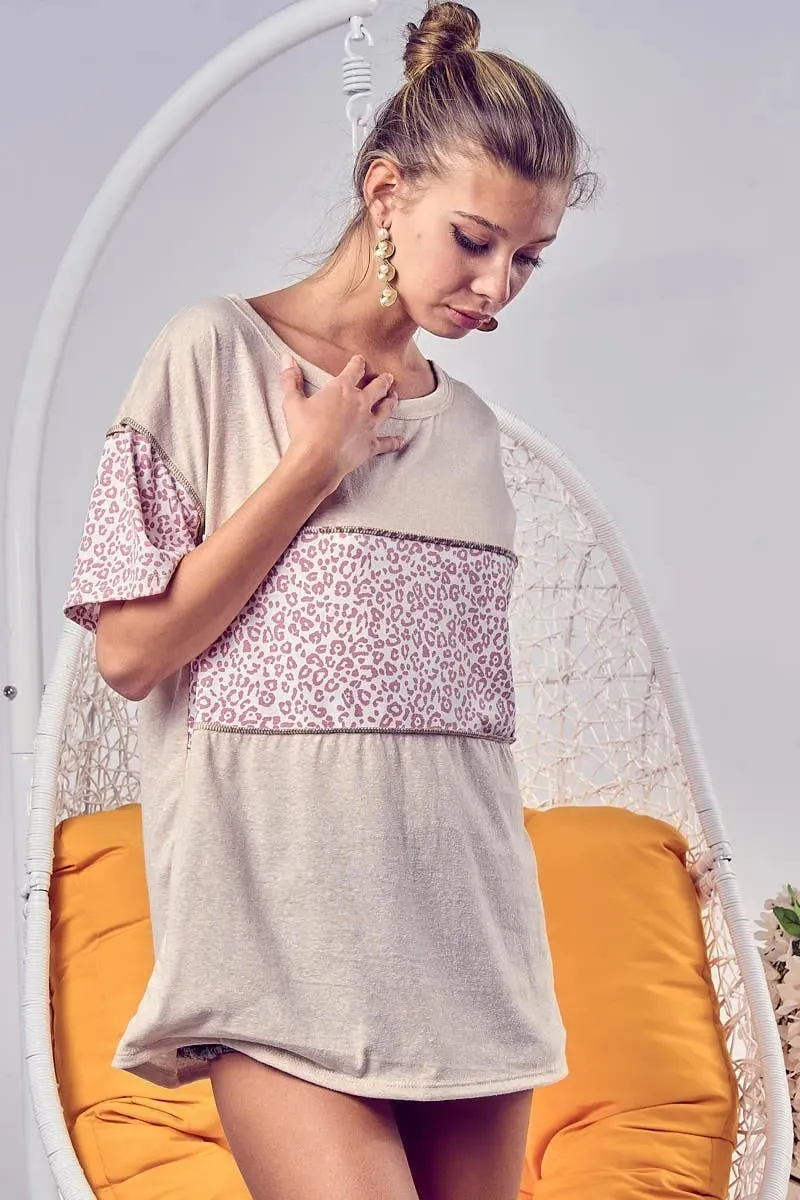 BiBi Triblend Knit with Leopard Block Out Stitching