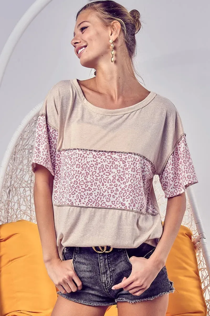 BiBi Triblend Knit with Leopard Block Out Stitching