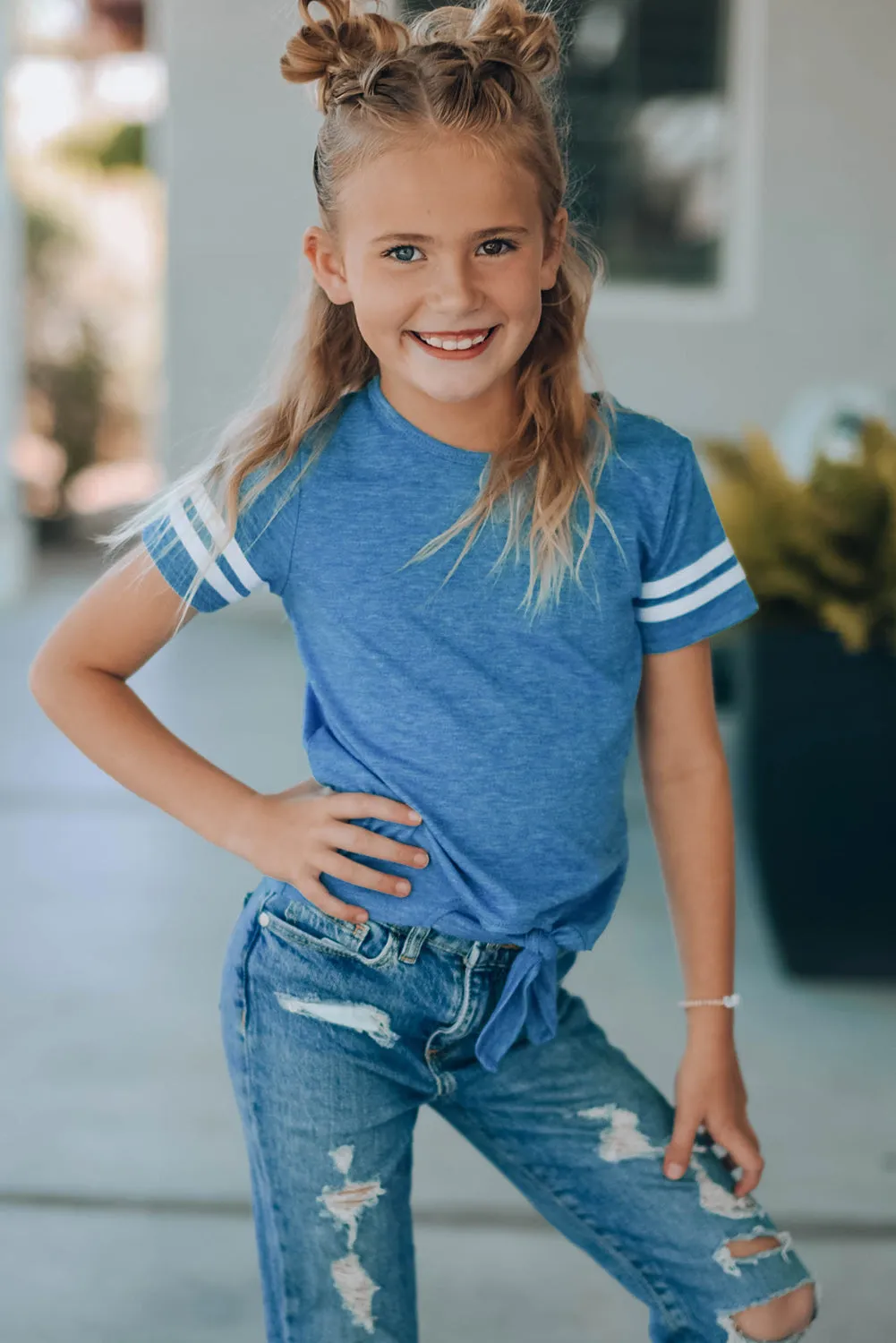 Blue Family Matching Girl's Tie Knot Striped T-shirt