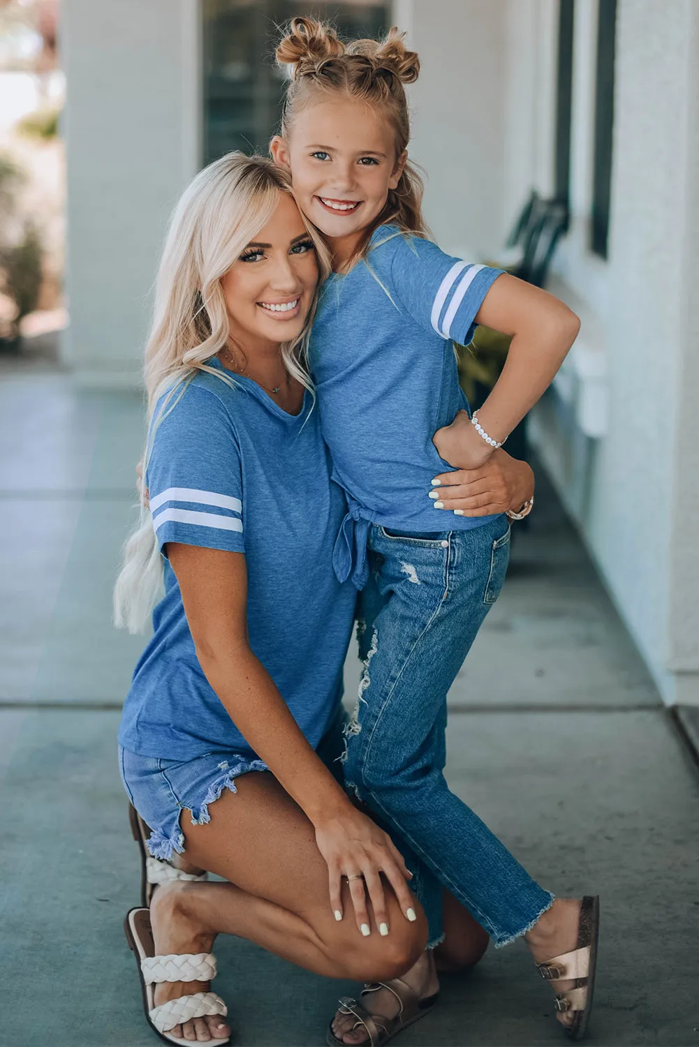 Blue Family Matching Girl's Tie Knot Striped T-shirt