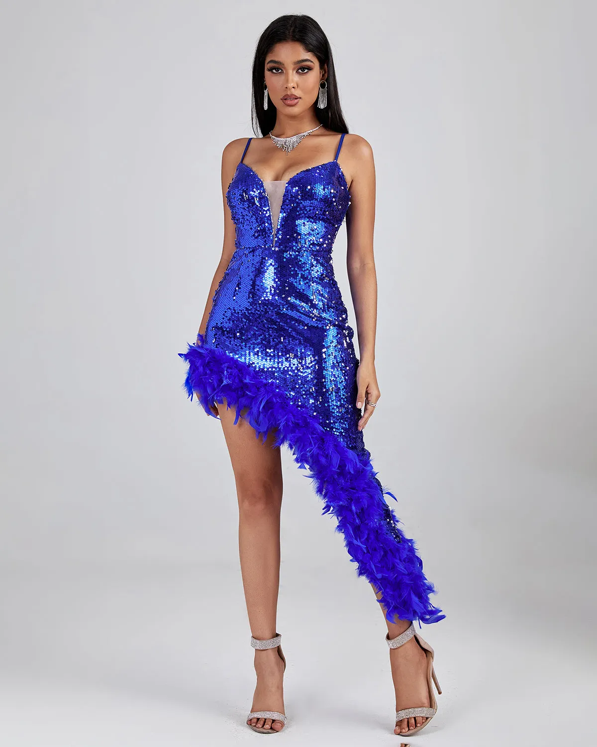 Blue Feather Sequin Midi Dress