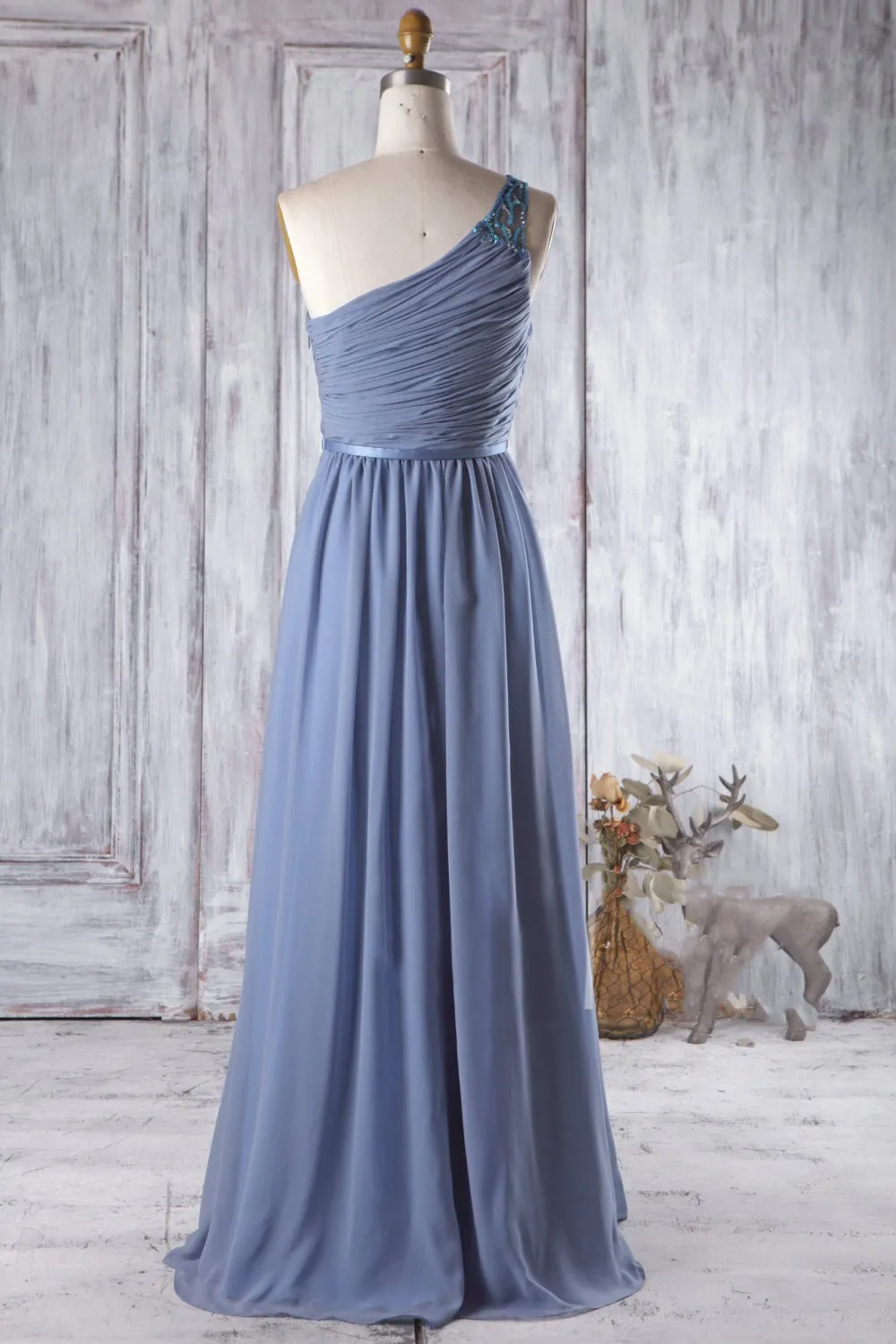Blue Long Bridesmaid Wedding Party Dress with Beaded One-shoulder