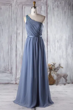 Blue Long Bridesmaid Wedding Party Dress with Beaded One-shoulder