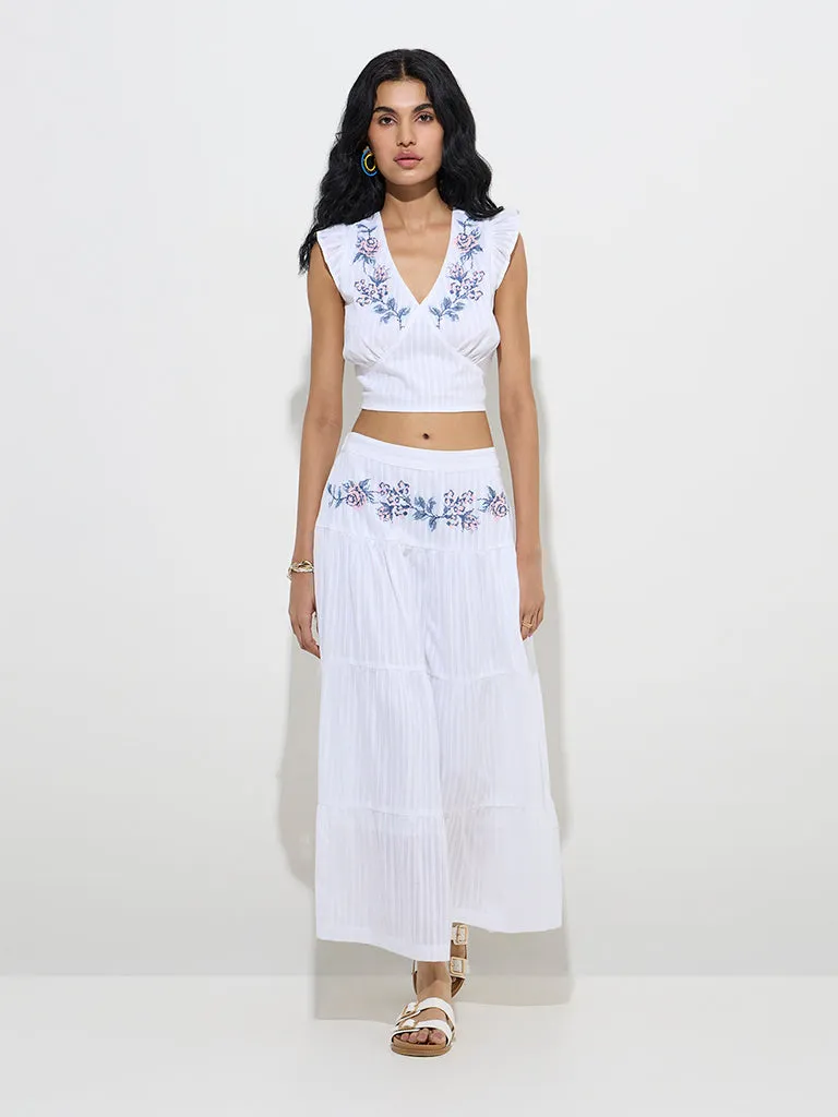 Bombay Paisley White Floral Embroidered Cotton Top
