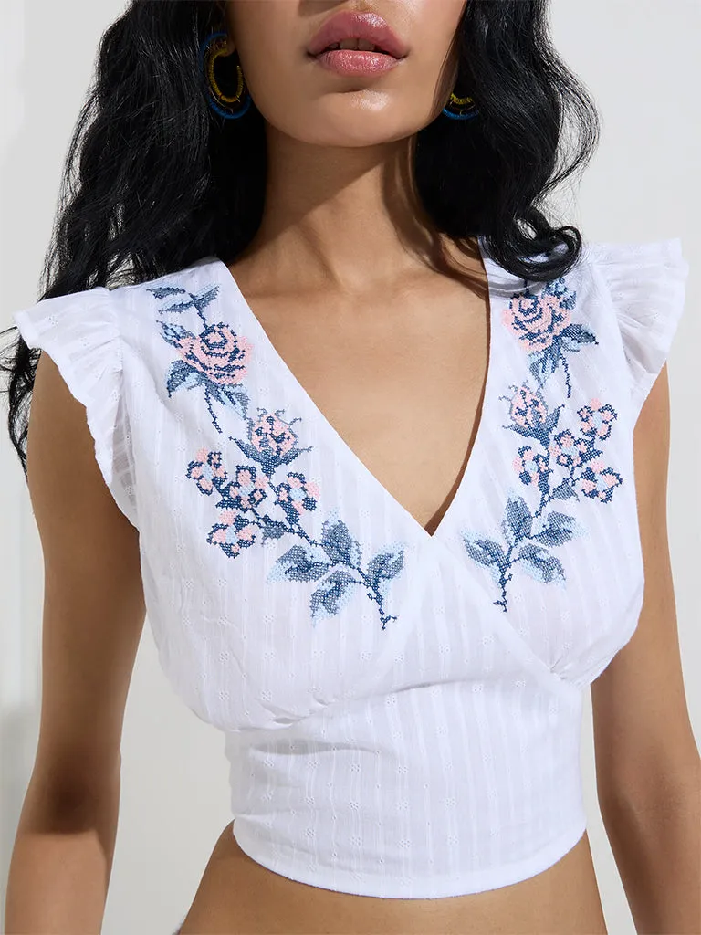 Bombay Paisley White Floral Embroidered Cotton Top