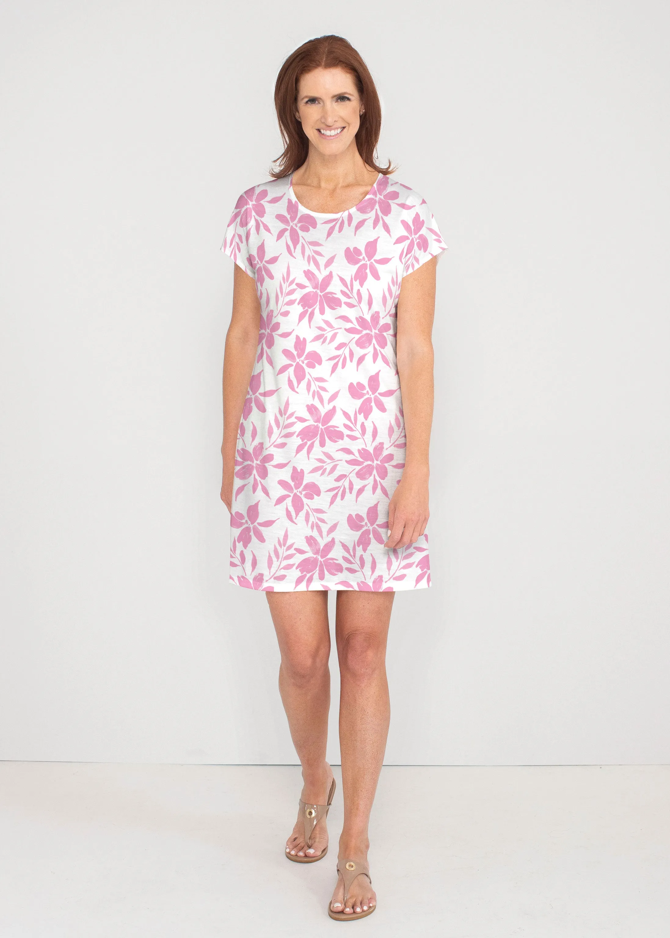 Botanical Pink (8025) ~ French Terry Short Sleeve Crew Dress