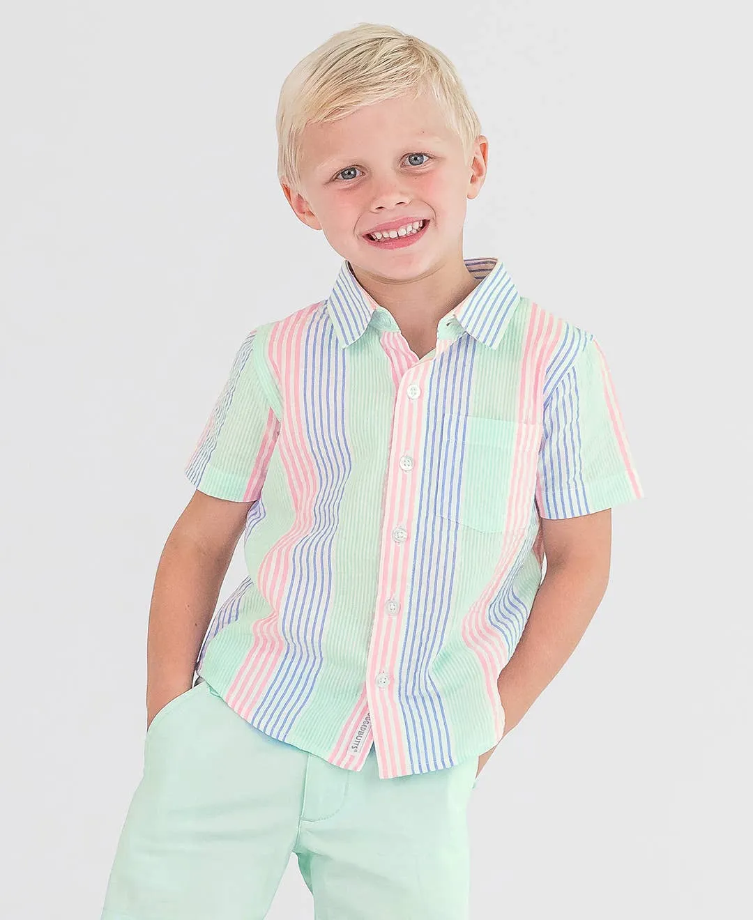Boys Multi-Color Seersucker Short Sleeve Button Down Shirt  09887