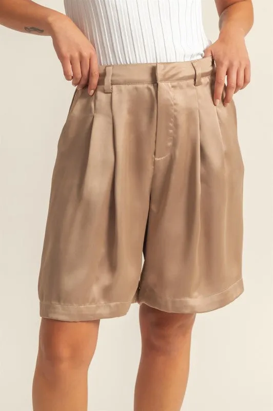 Brown High-Waist Pleated Satin Shorts