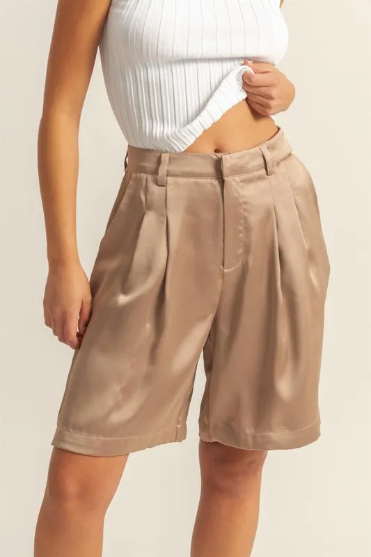 Brown High-Waist Pleated Satin Shorts