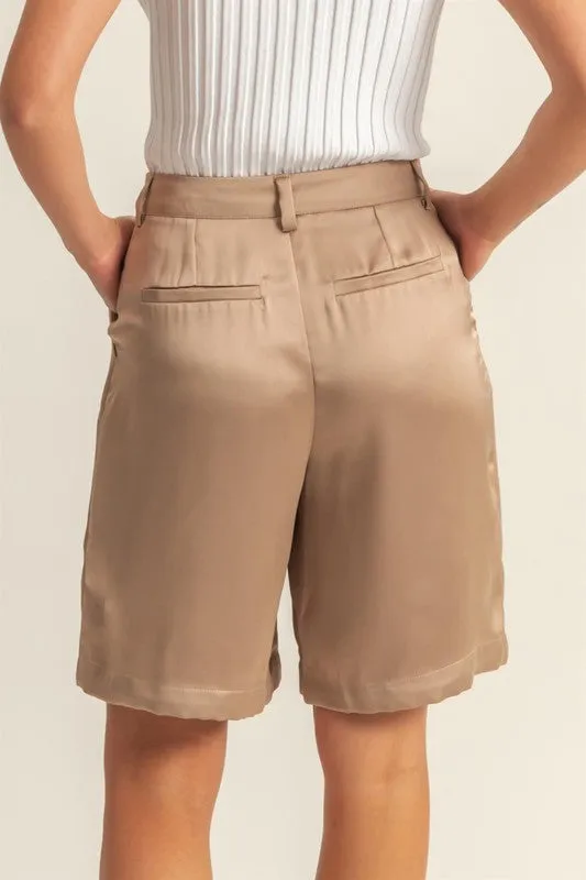 Brown High-Waist Pleated Satin Shorts