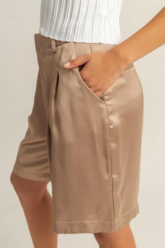 Brown High-Waist Pleated Satin Shorts