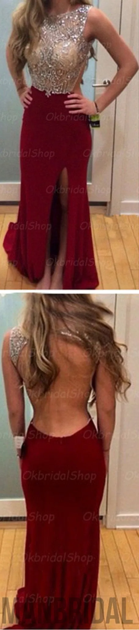 Burgundy Long Backless Sexy Side Slit Hot Sales Elegant Formal Fashion Prom Dresses,PD0029