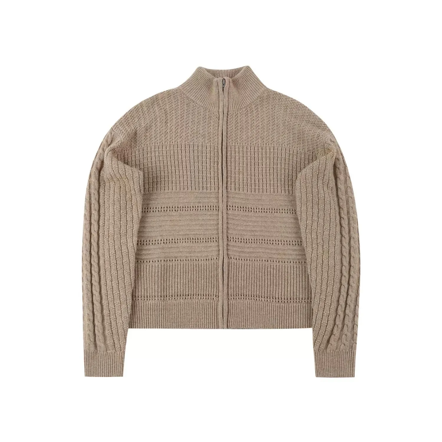 Camel Wool Turtleneck Knitted Cardigan