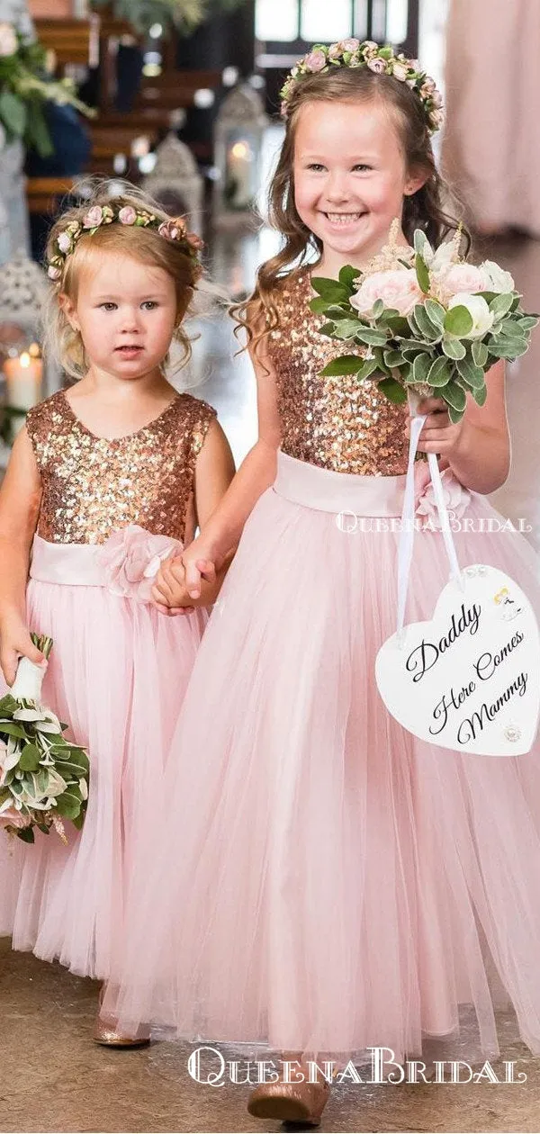 Charming Gold Sequin Pink Tulle A-line Long Cheap Flower Girl Dresses, FGS0005