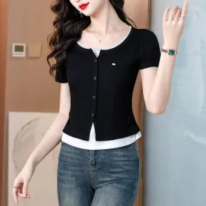Chic Button-Up Patchwork Women's T-Shirt with Lace Details