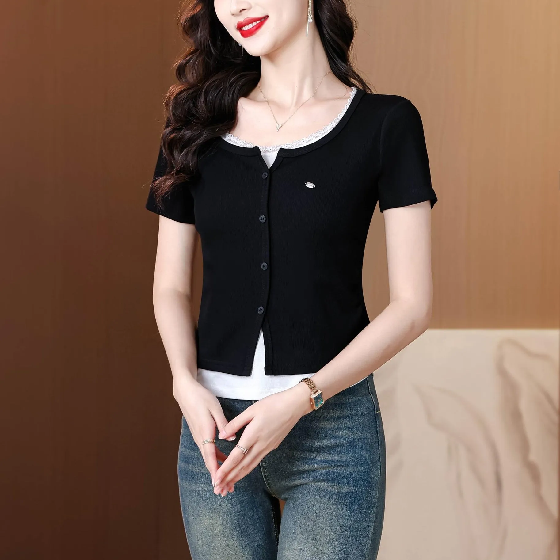 Chic Button-Up Patchwork Women's T-Shirt with Lace Details