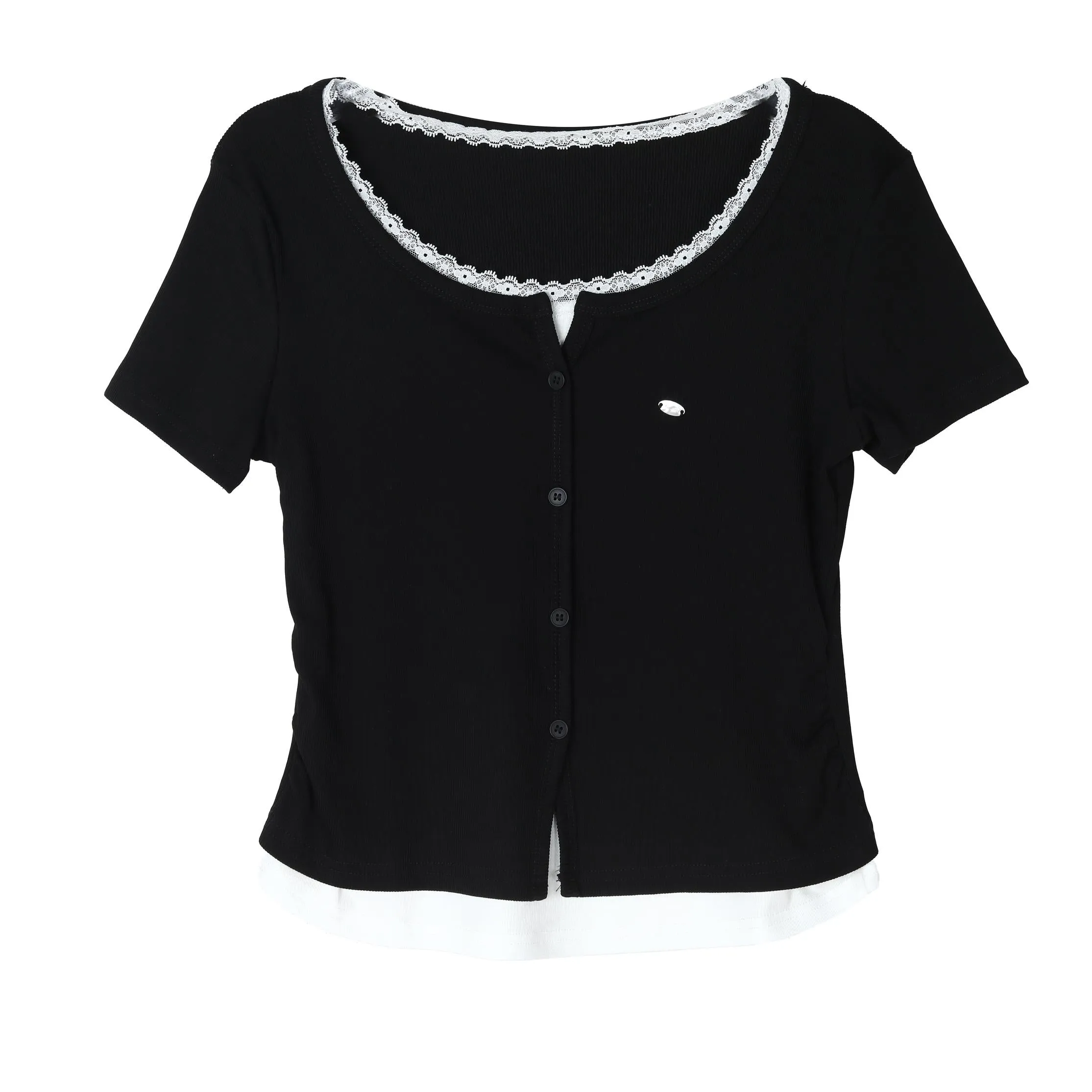 Chic Button-Up Patchwork Women's T-Shirt with Lace Details