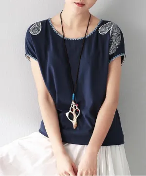 Clothing Women Minium Blue T-Shirts Pattern Printed Short Sleeve Casual Loose T-Shirts Ladies Tops