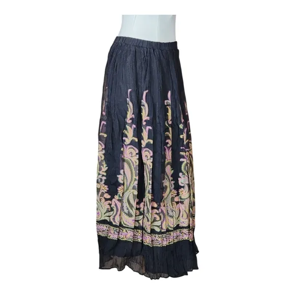 Coldwater Creek Paisley Maxi Skirt Boho Black Crinkle Elastic Waist Flowy SP