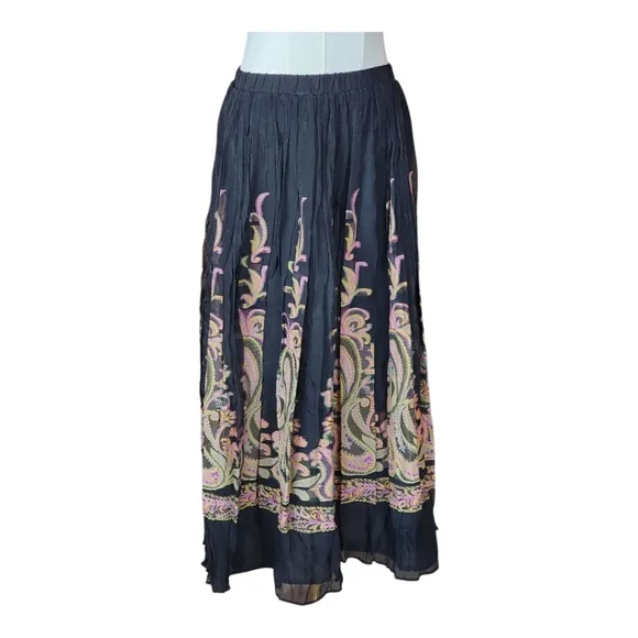 Coldwater Creek Paisley Maxi Skirt Boho Black Crinkle Elastic Waist Flowy SP