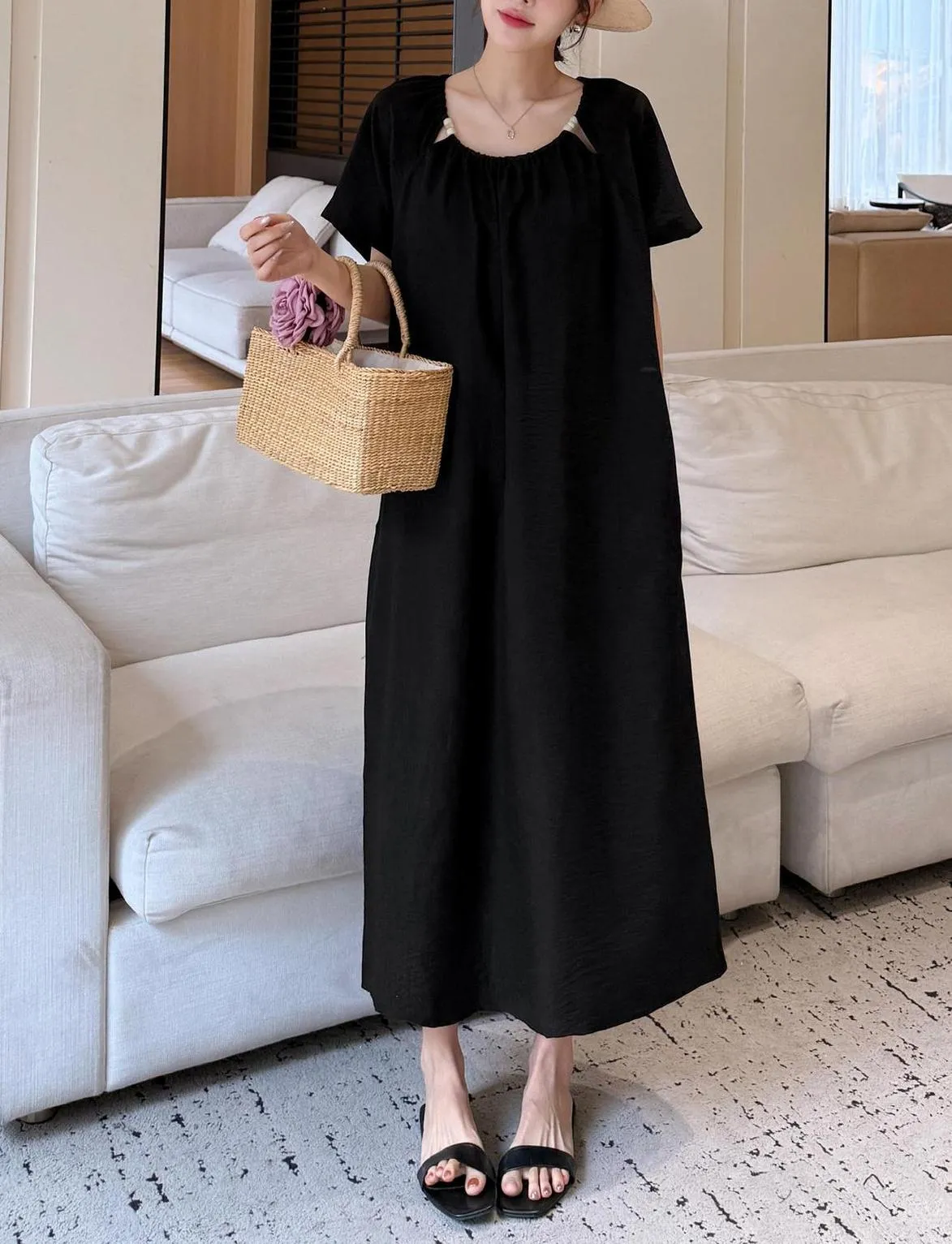 Comfortable Shirred Maxi Dress in Lightweight Cotton-Linen Blend