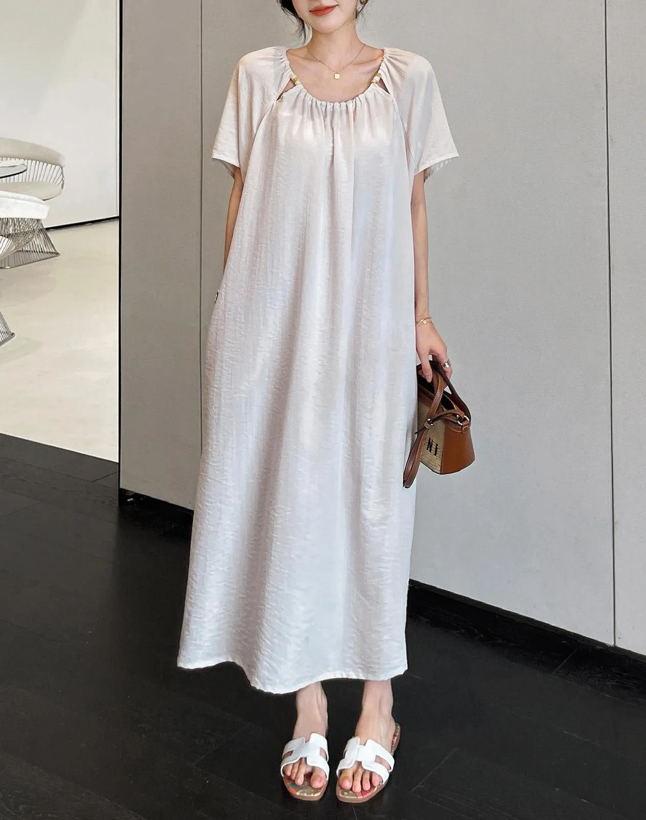 Comfortable Shirred Maxi Dress in Lightweight Cotton-Linen Blend