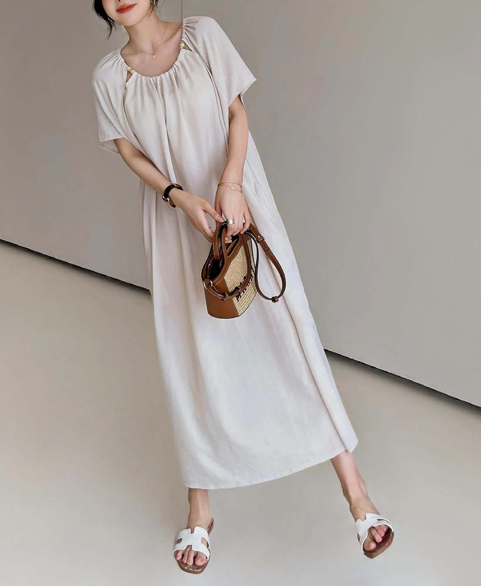 Comfortable Shirred Maxi Dress in Lightweight Cotton-Linen Blend