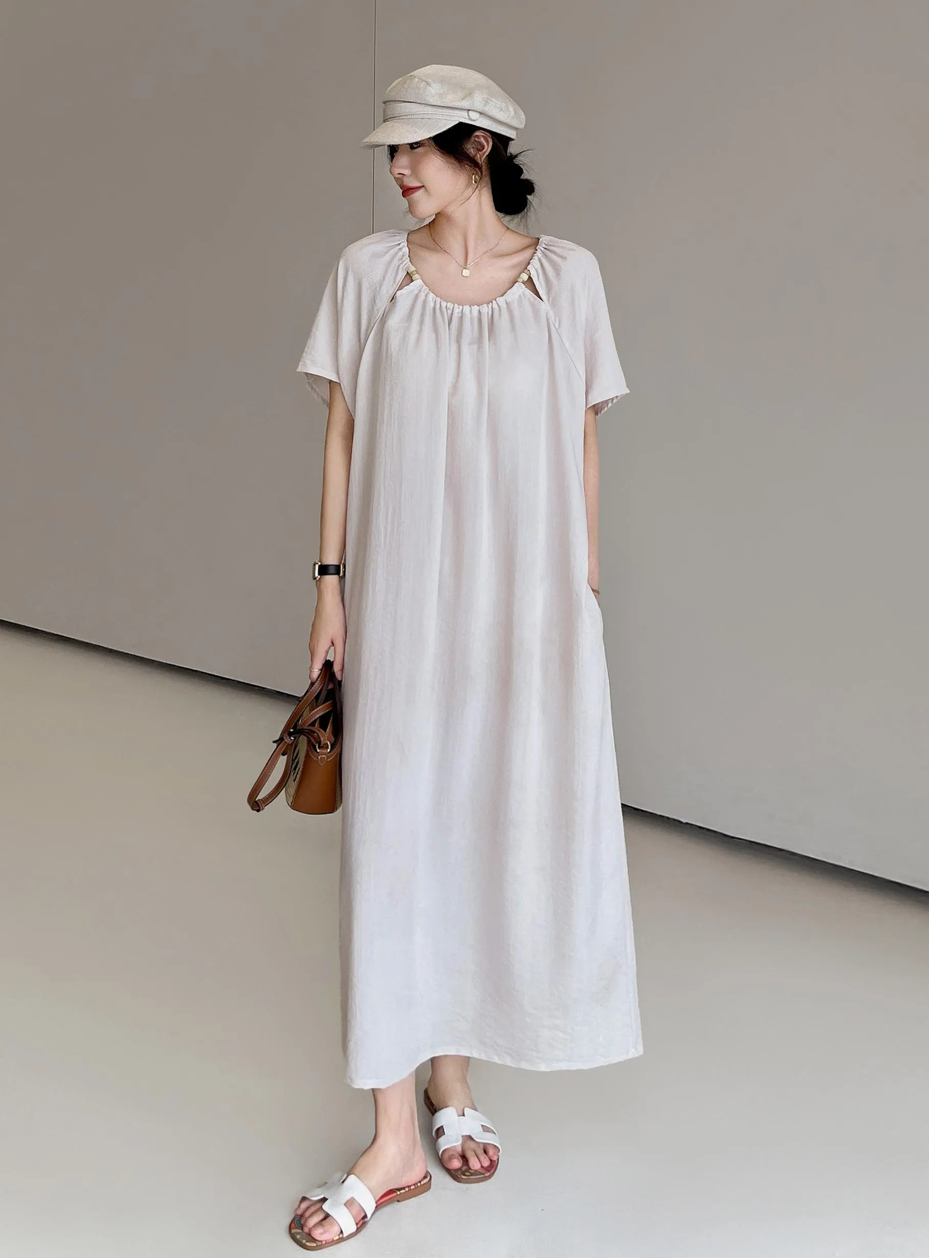Comfortable Shirred Maxi Dress in Lightweight Cotton-Linen Blend